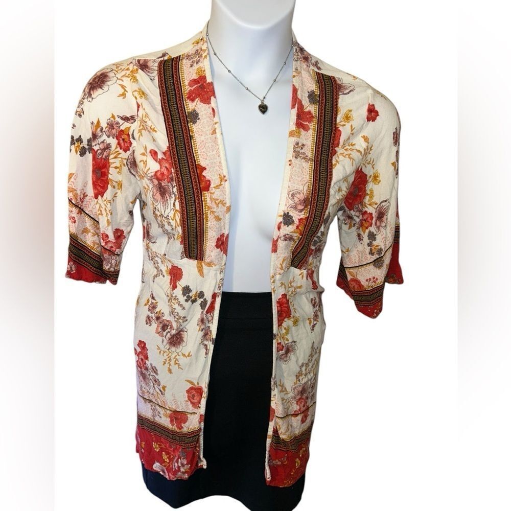 Knox Rose Cream & Red Floral Boho Open Kimono Cardigan - Size XS - Picture 6 of 10